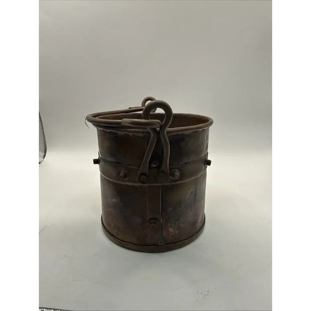 Antique Hand Hammered Copper Riveted Bucket With Iron Handles